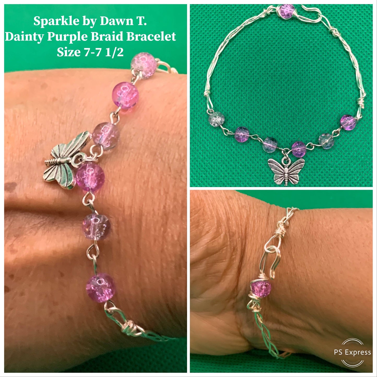 Lavender Crackle Bead with Silver braided bracelet and butterfly pendant