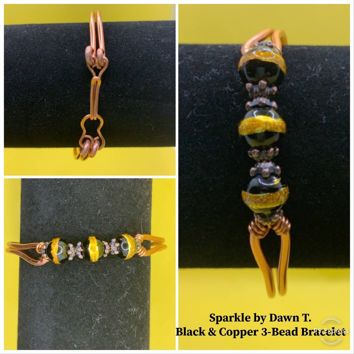 Black and Gold/Copper Hand-formed copper 3-bead bracelet