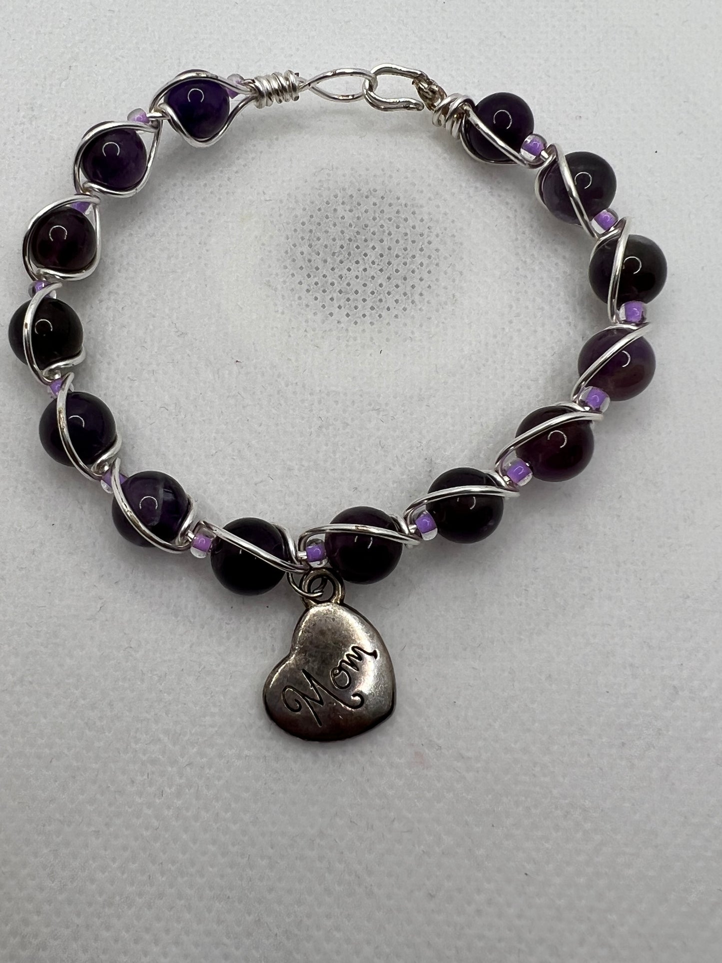 Amethyst Wrapped Beaded Bracelet with Mom Pendant (Silver)