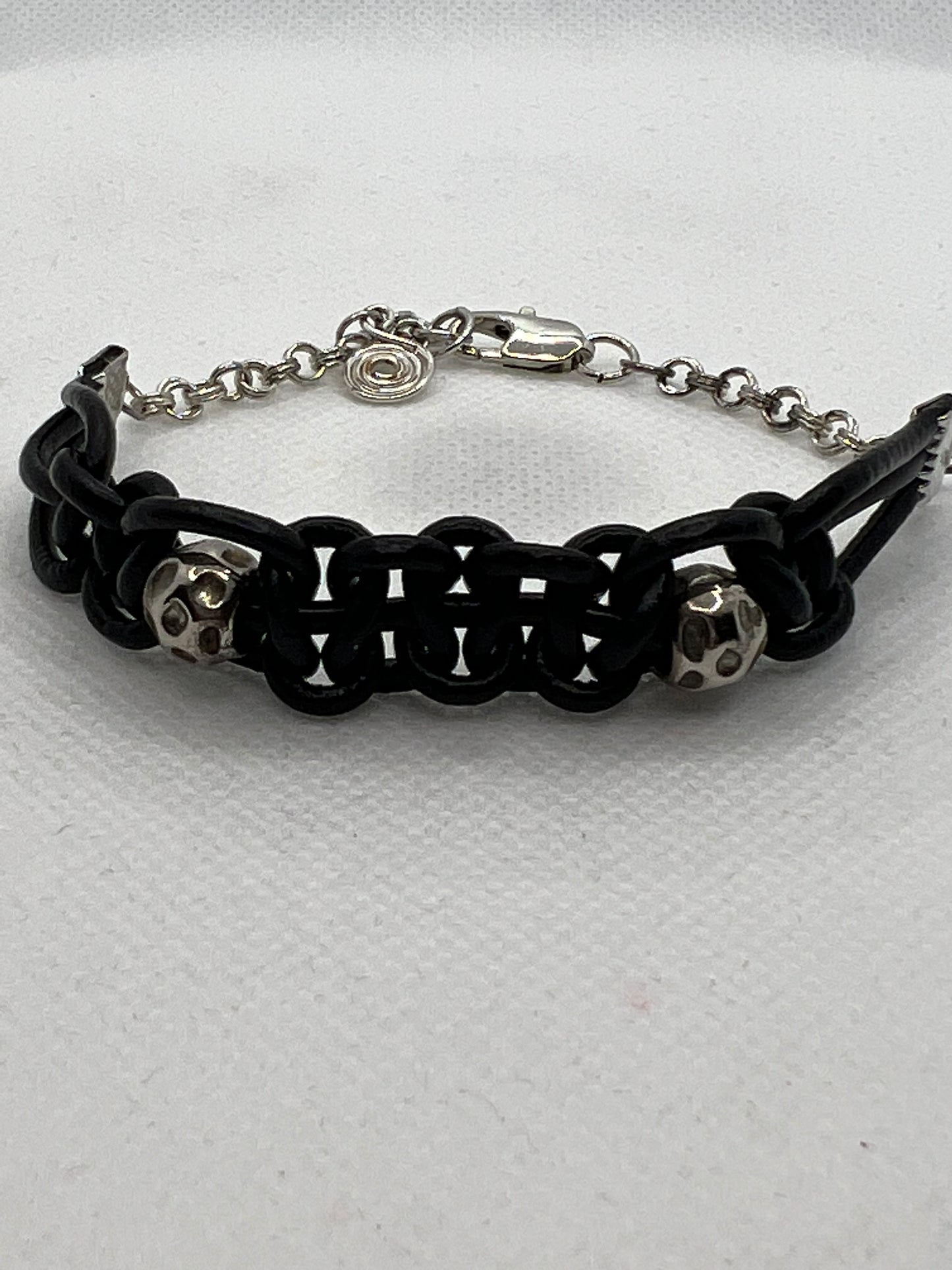 Black Leather Twisted Bracelet with Silver Beads and Chain