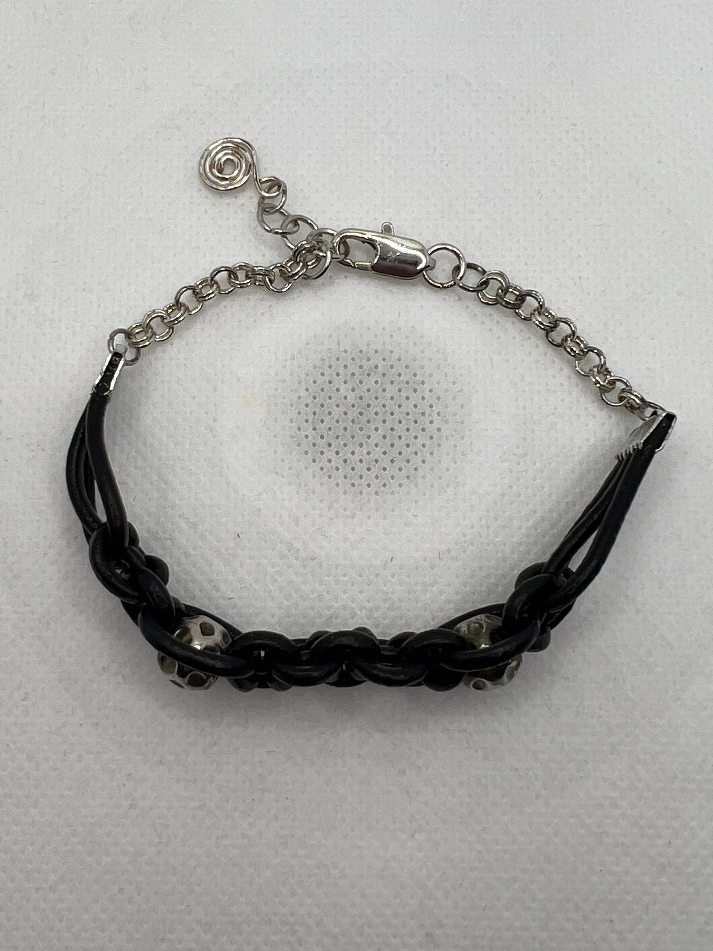 Black Leather Twisted Bracelet with Silver Beads and Chain