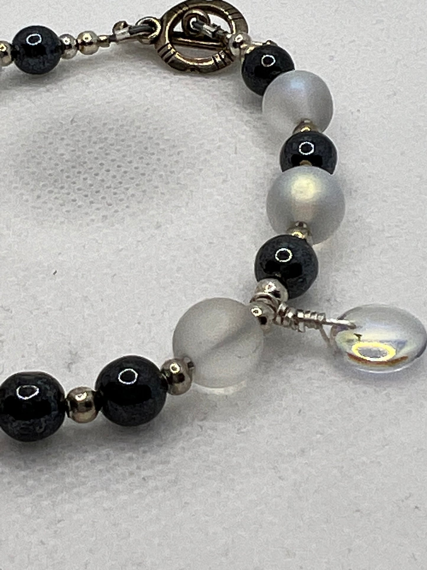 Clear/White Mermaid Glass and Dark Gray Beaded Bracelet