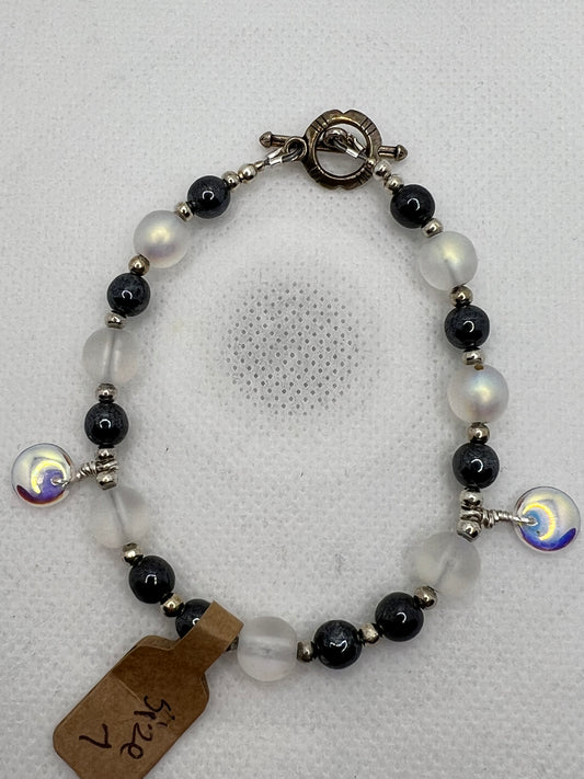 Clear/White Mermaid Glass and Dark Gray Beaded Bracelet