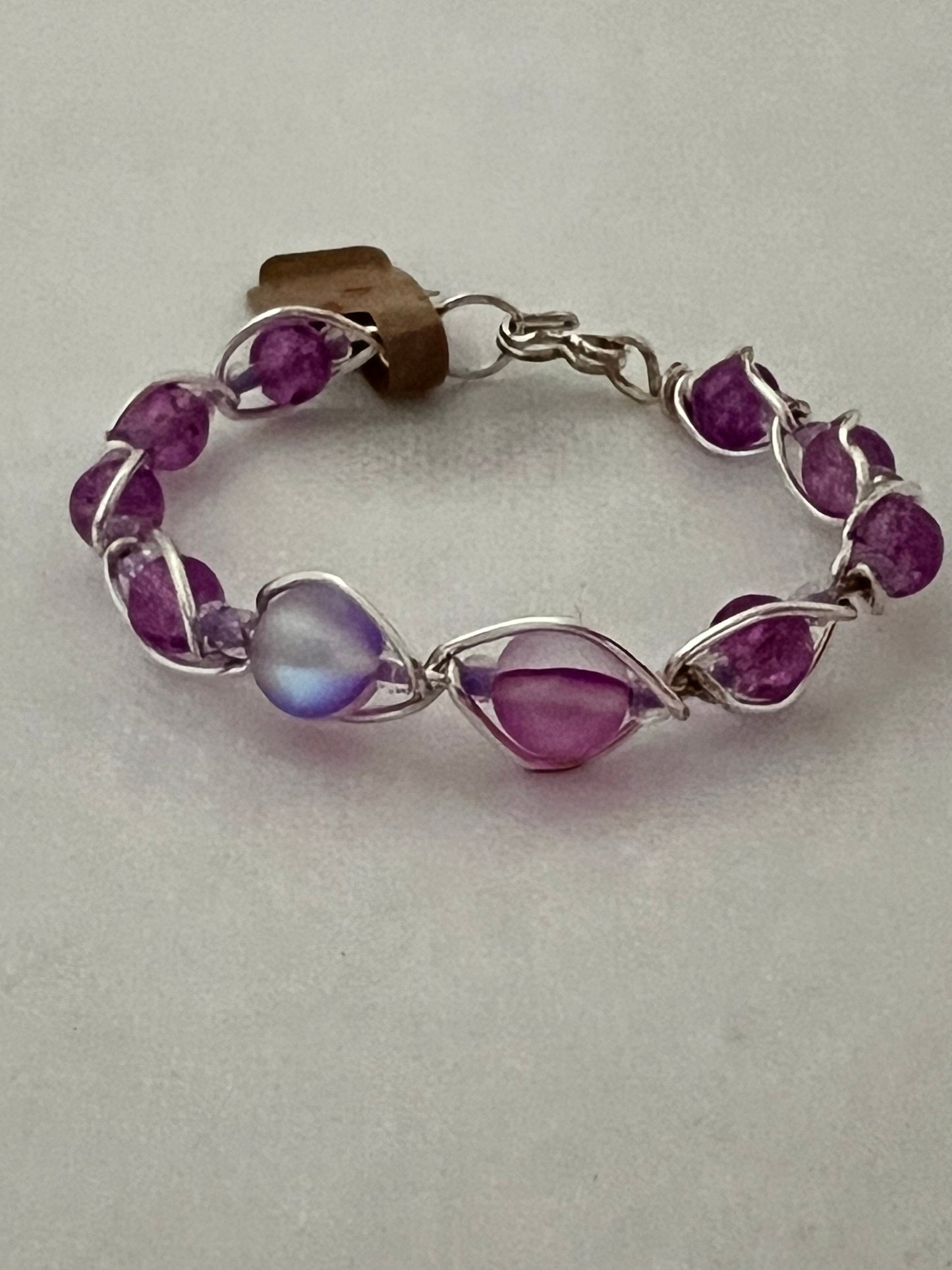 Small Lavender Mermaid Glass and Crackle Beaded Wrapped Bracelet