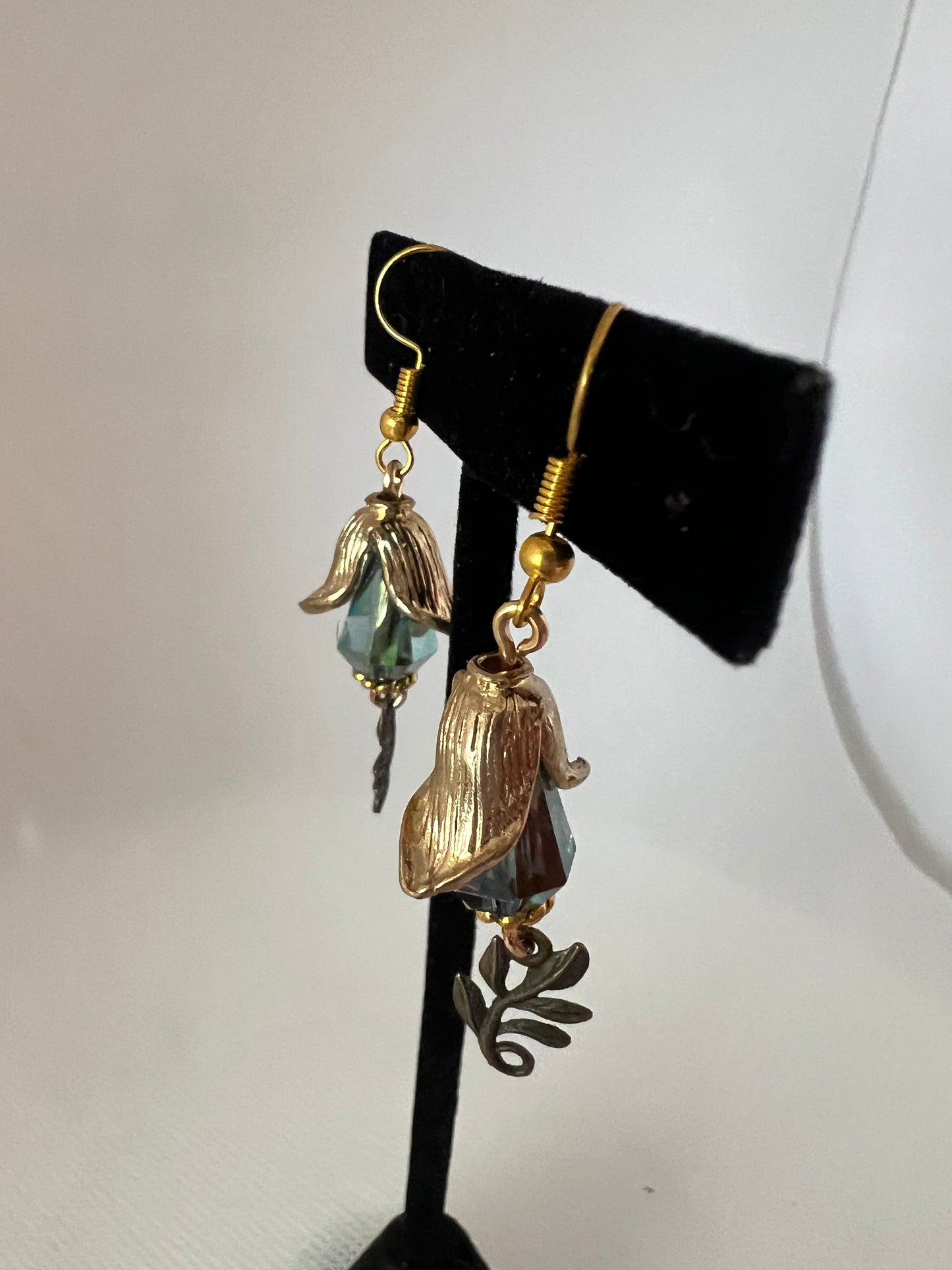 Gold Capped Blue/Green Crystal with Brass Leaf Dangles Earrings