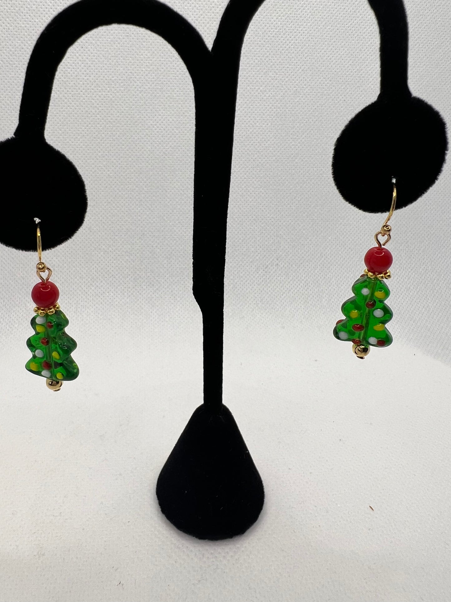 Green, White, Red and Gold Christmas Tree Earrings