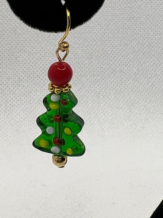 Green, White, Red and Gold Christmas Tree Earrings