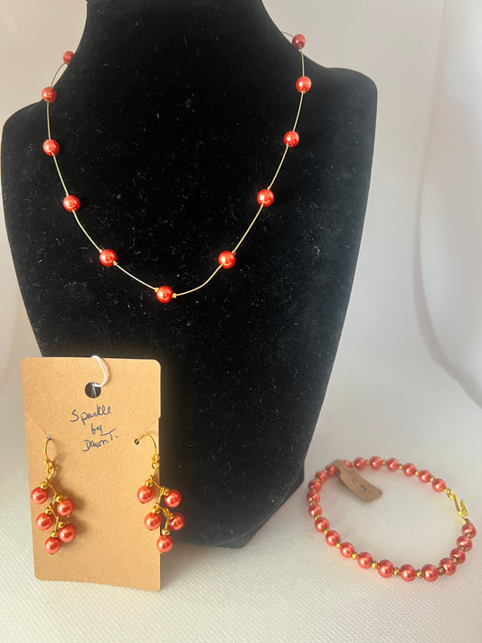 Orange/Dark Peach Pearl and gold Floating Necklace, Bracelet and Earrings