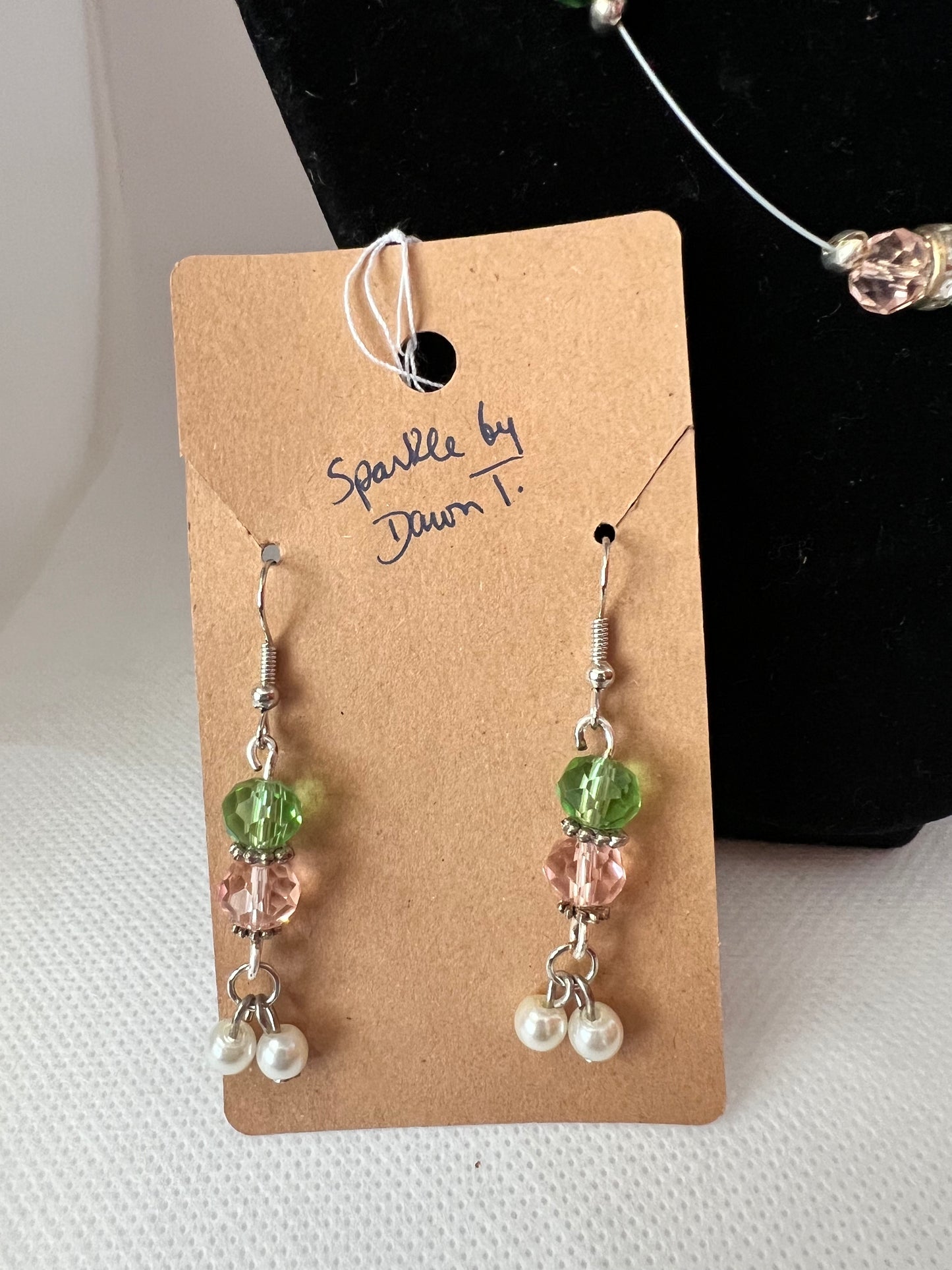 Pink and Green Crystal Floting Necklace, Double Layered Bracelet and Earrings