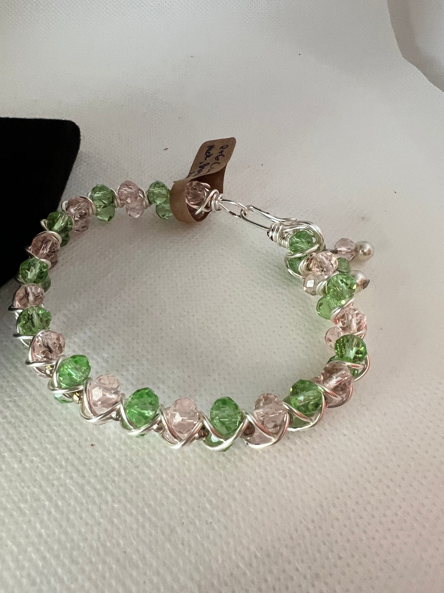 Pink and Green Crystal Floting Necklace, Double Layered Bracelet and Earrings