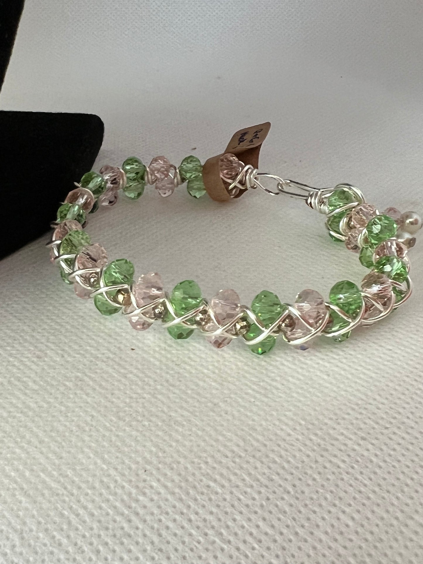 Pink and Green Crystal Floting Necklace, Double Layered Bracelet and Earrings