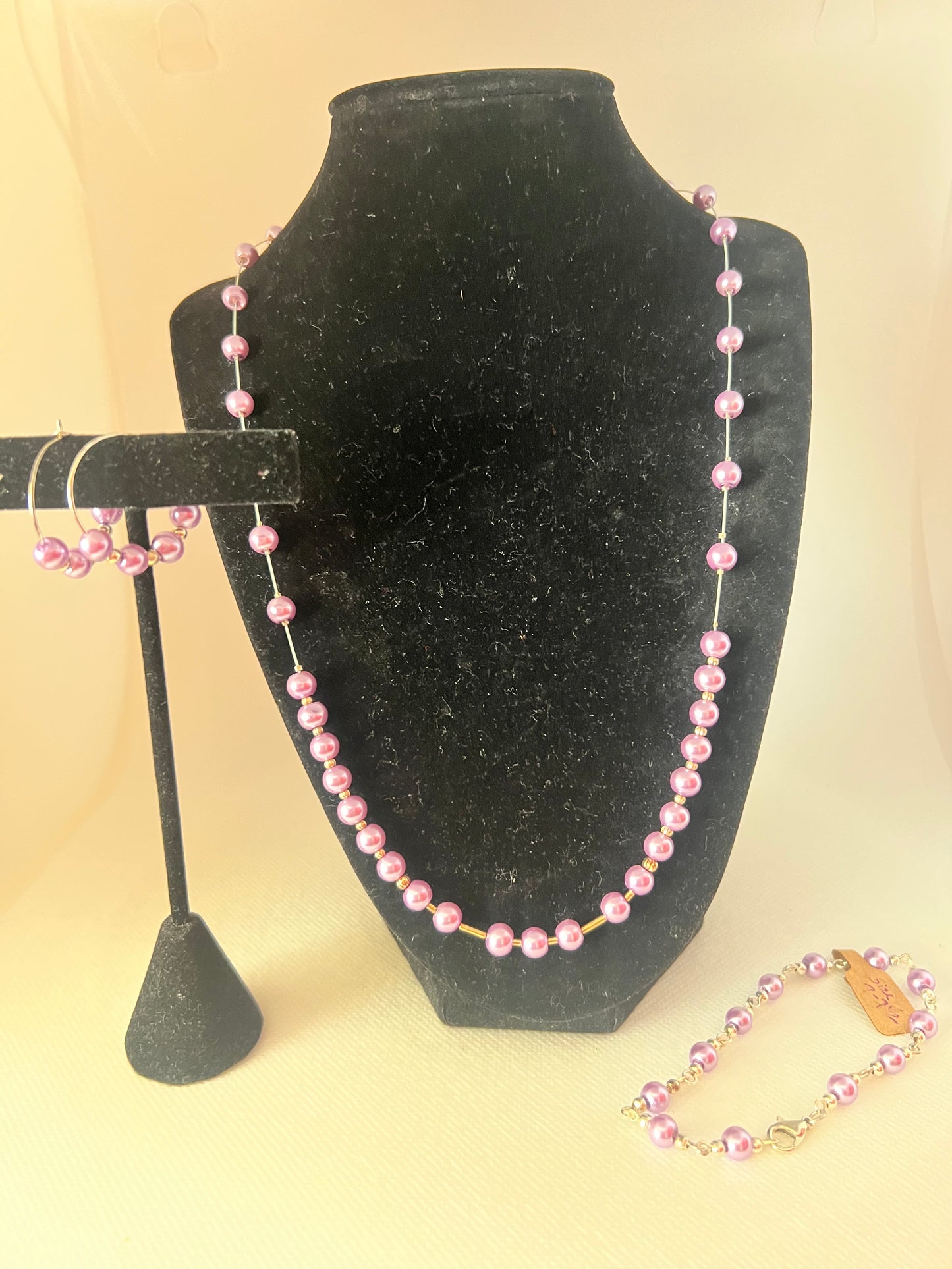 Lavender Pearl Floating Necklace, Bracelet and Earrings