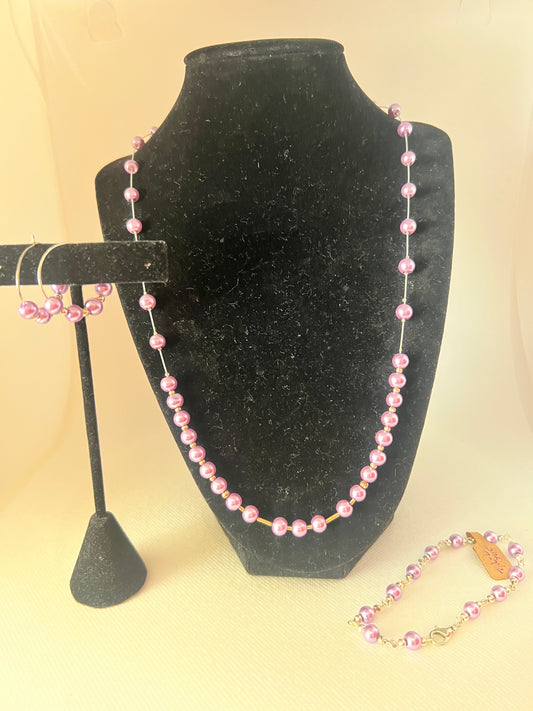 Lavender Pearl Floating Necklace, Bracelet and Earrings