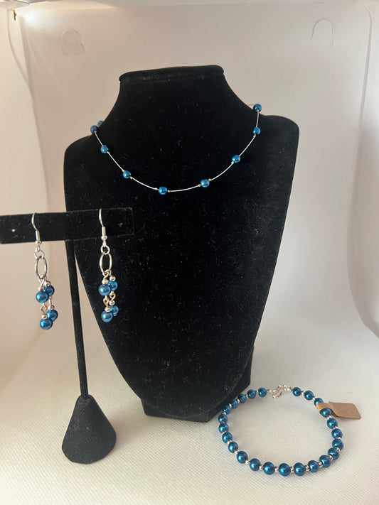 Royal Blue Pearl and silver Floating Necklace , Bracelet and Earrings