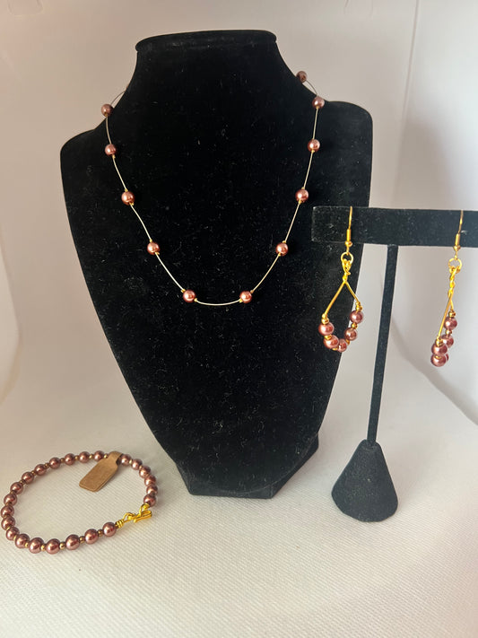 Brown/Bronze Pearl and Gold Floating Necklace, Bracelet and Earrings