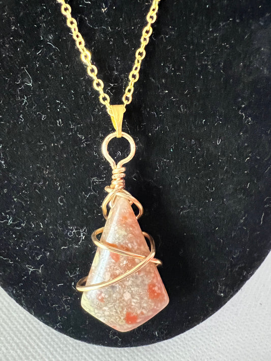 Carnelian Cream and Peach Gemstone Wrapped Pendant on Gold Chain