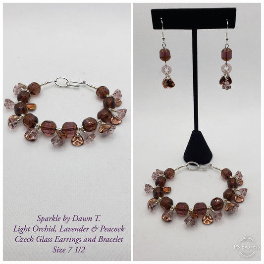 Czech Glass Amethyst, Copper Peacock Fairy Petal and Flower Silver Bracelet and matching Earrings