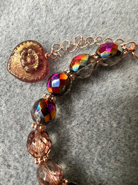 Czech Glass Vintage Style Floral Heart Pendant with Firepolish Crystals Bracelet and Firepolish Multicolor Metals Earrings