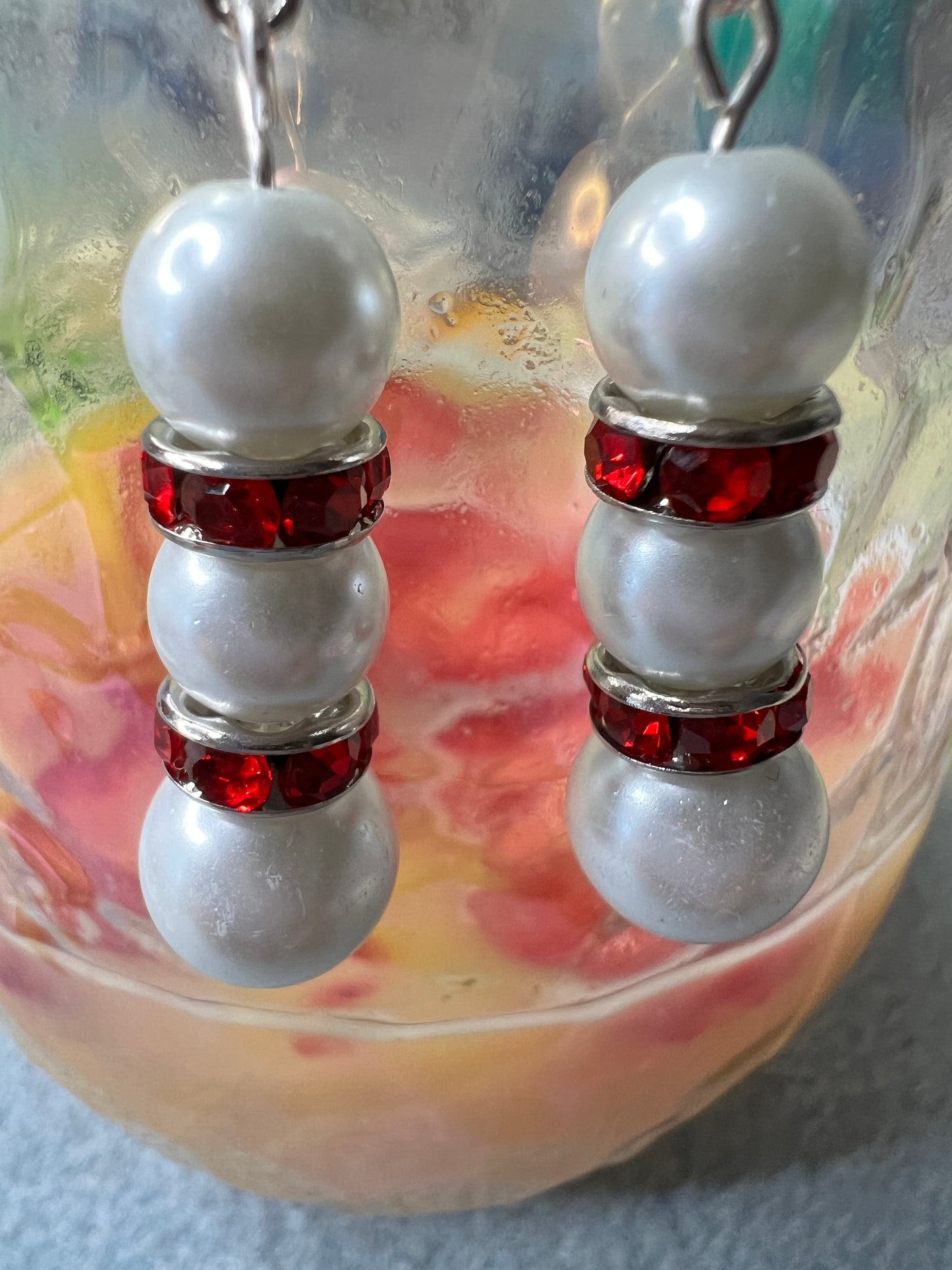 Red Bling and White Pearl Earrings with silver Ear Wires