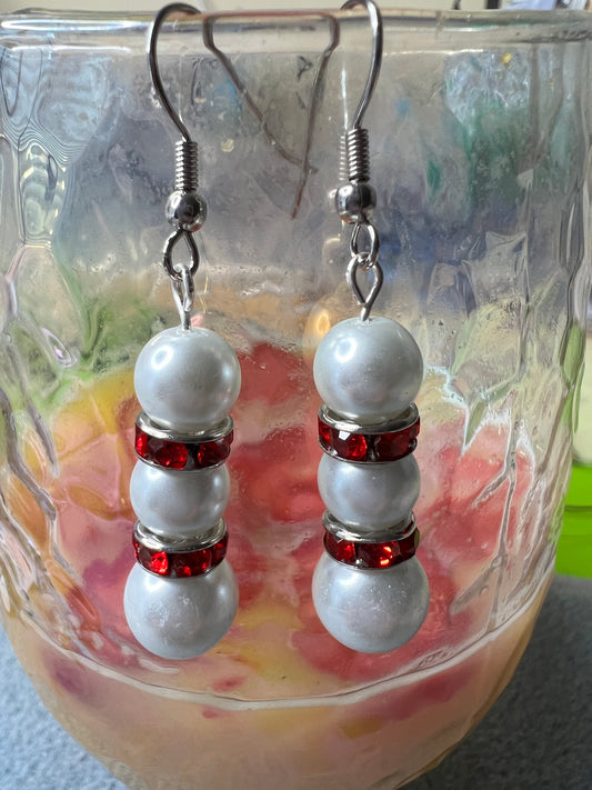 Red Bling and White Pearl Earrings with silver Ear Wires