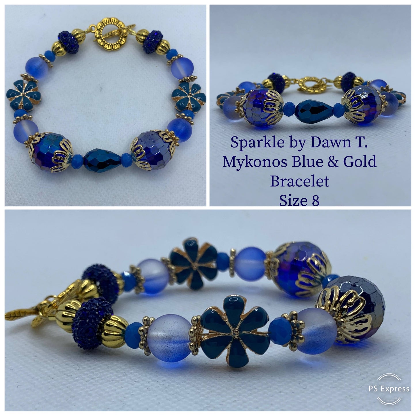 Mykonos Blue and Gold Earrings and Bracelet diamond shaped beads with crystals on earrings - blue and gold flower beads, gold capped sparkle