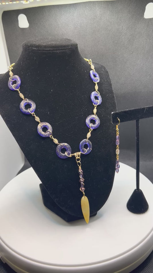 Golden Suede with Purple Bluish Gold Speckled Donuts, Night Star Rice Beads and Golden Quartz Leaf Focal Necklace 17 1_2 - 20in and Earrings