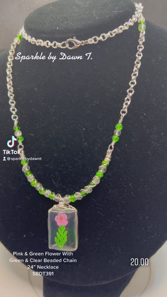 Pink and Green Flower with Green and Clear Beads Chain Necklace