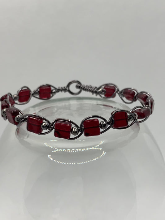 Red Square Czech Glass and pewter wire bracelet