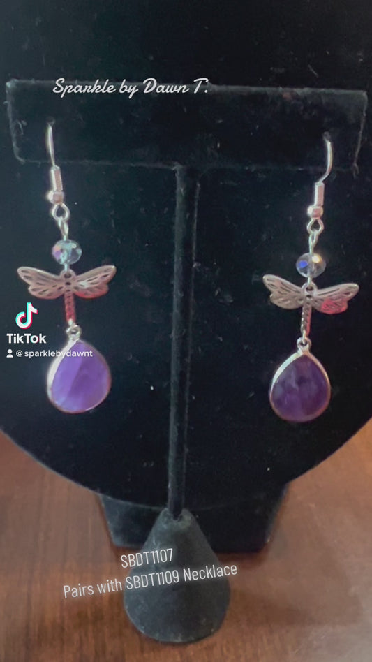 Amethyst Teardrop Pendant and Dragonfly Silver Earrings - pairs with SBDT1109 Necklace