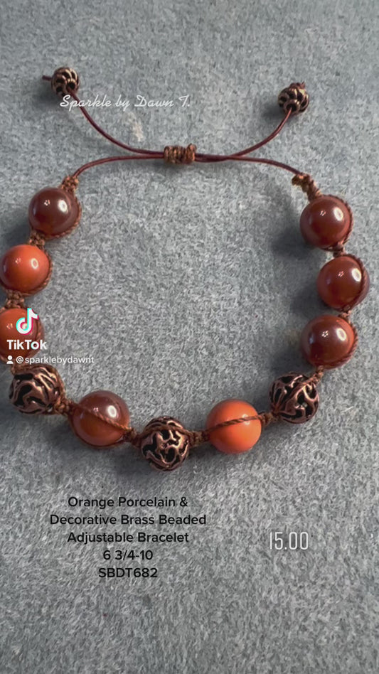 Orange Porcelain and Brass Decorative Beaded Adjustable Bracelet