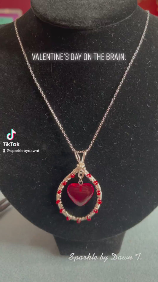 Silver wrapped pendant with red heart necklace