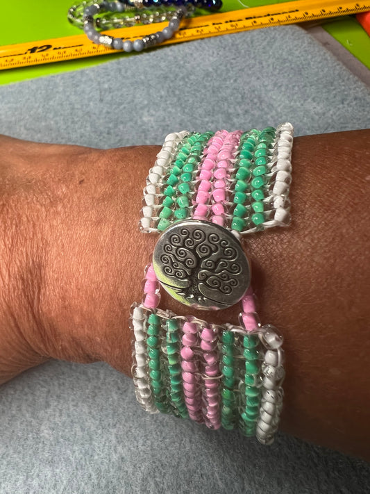 Pink and Green with White Trim Herringbone Tierra Cast Tree of Life Button Closure Bracelet