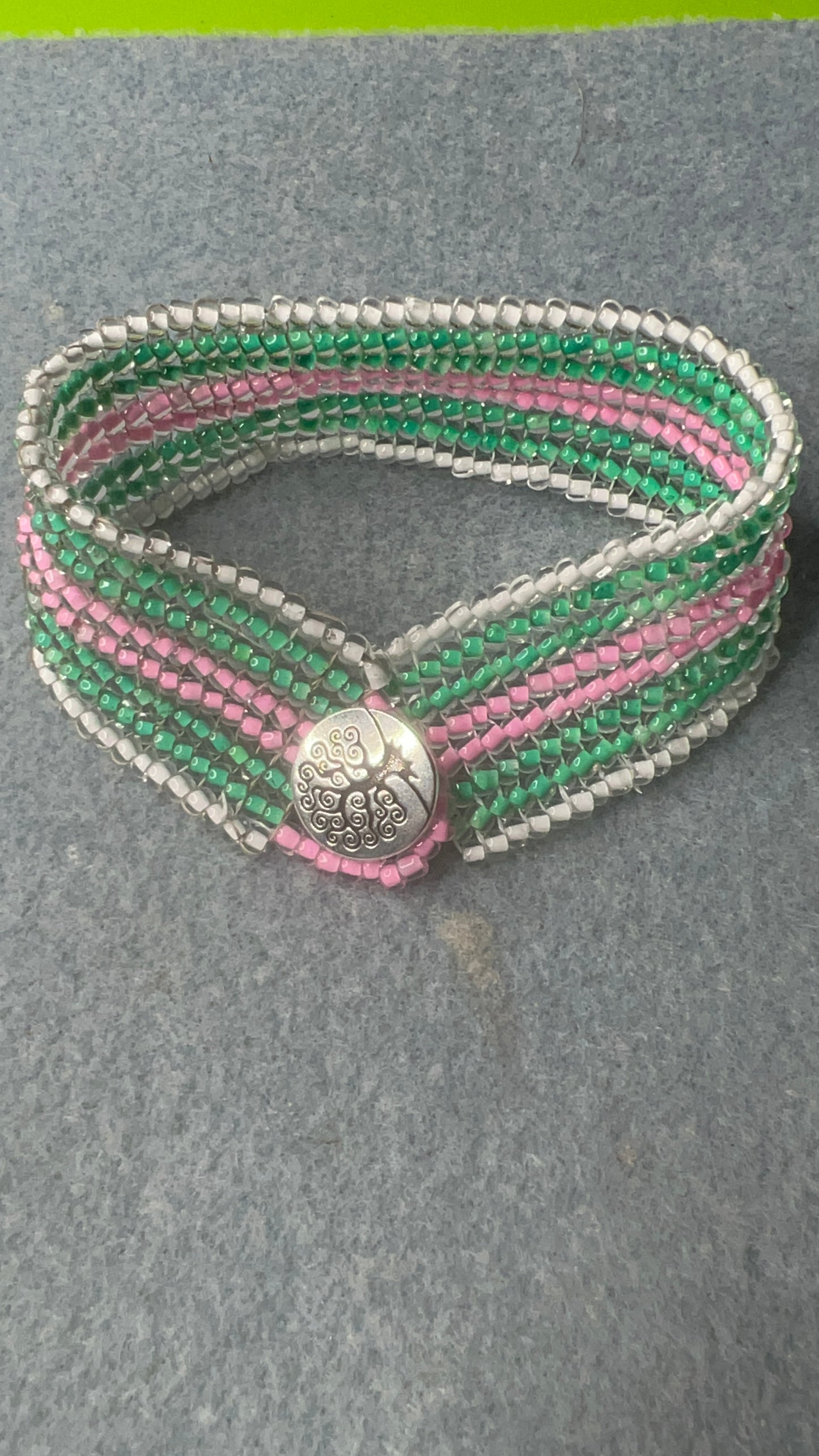 Pink and Green with White Trim Herringbone Tierra Cast Tree of Life Button Closure Bracelet